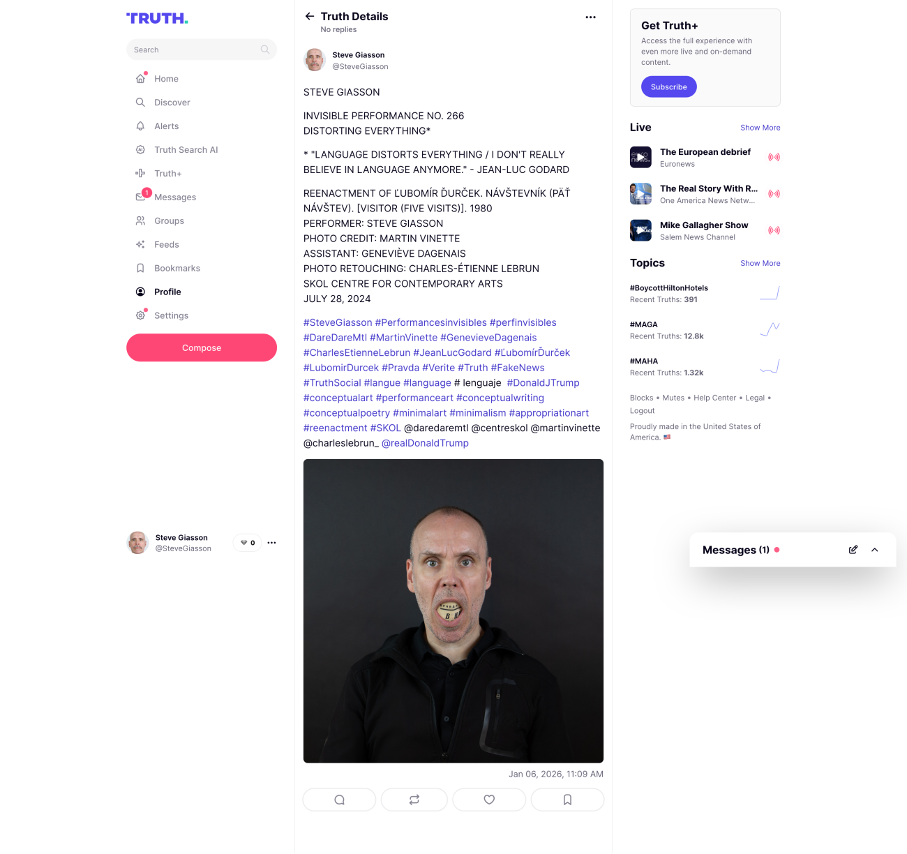 Steve Giasson. Performance invisible n&deg; 266 (Tout fausser). Reenactment de&nbsp;Ľubomír Ďurček. Návštevník (Päť návštev).&nbsp;[ Visiteur (Cinq visites)].&nbsp;1980. Performeur : Steve Giasson. Cr&eacute;dit photographique : Martin Vinette. Assistance : Genevi&egrave;ve Dagenais. Retouches photographiques : Charles-&Eacute;tienne Lebrun. Centre des arts actuels SKOL. 28 juillet 2024.